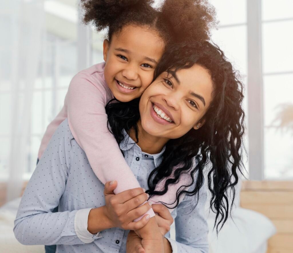 front view mother playing home with her daughter